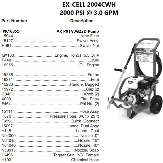 EX-CELL 2004CWH power washer repair parts